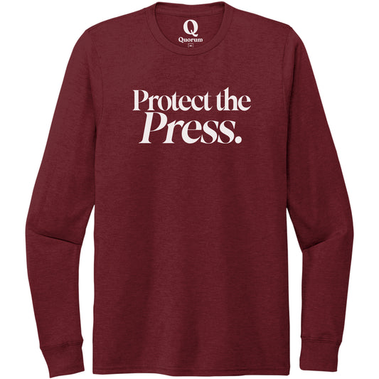 "Protect the Press." Quorum Unisex Tri-Blend Long Sleeve editorial print in Vino Red
