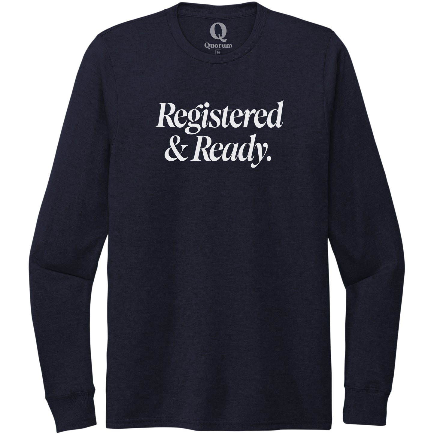 "Registered & Ready." Quorum Unisex Tri-Blend Long Sleeve editorial print in Night Sky Navy