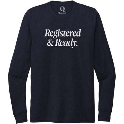 "Registered & Ready." Quorum Unisex Tri-Blend Long Sleeve editorial print in Night Sky Navy