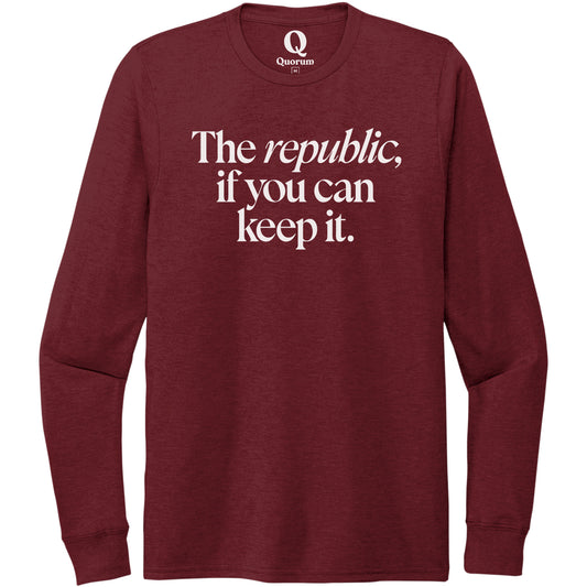 "The republic, if you can keep it." Quorum Unisex Tri-Blend Long Sleeve editorial print in Vino Red