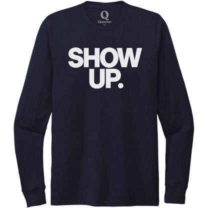 "Show up. Stand up. Suit up." Quorum Unisex Tri-Blend Long Sleeve editorial print in Night Sky Navy