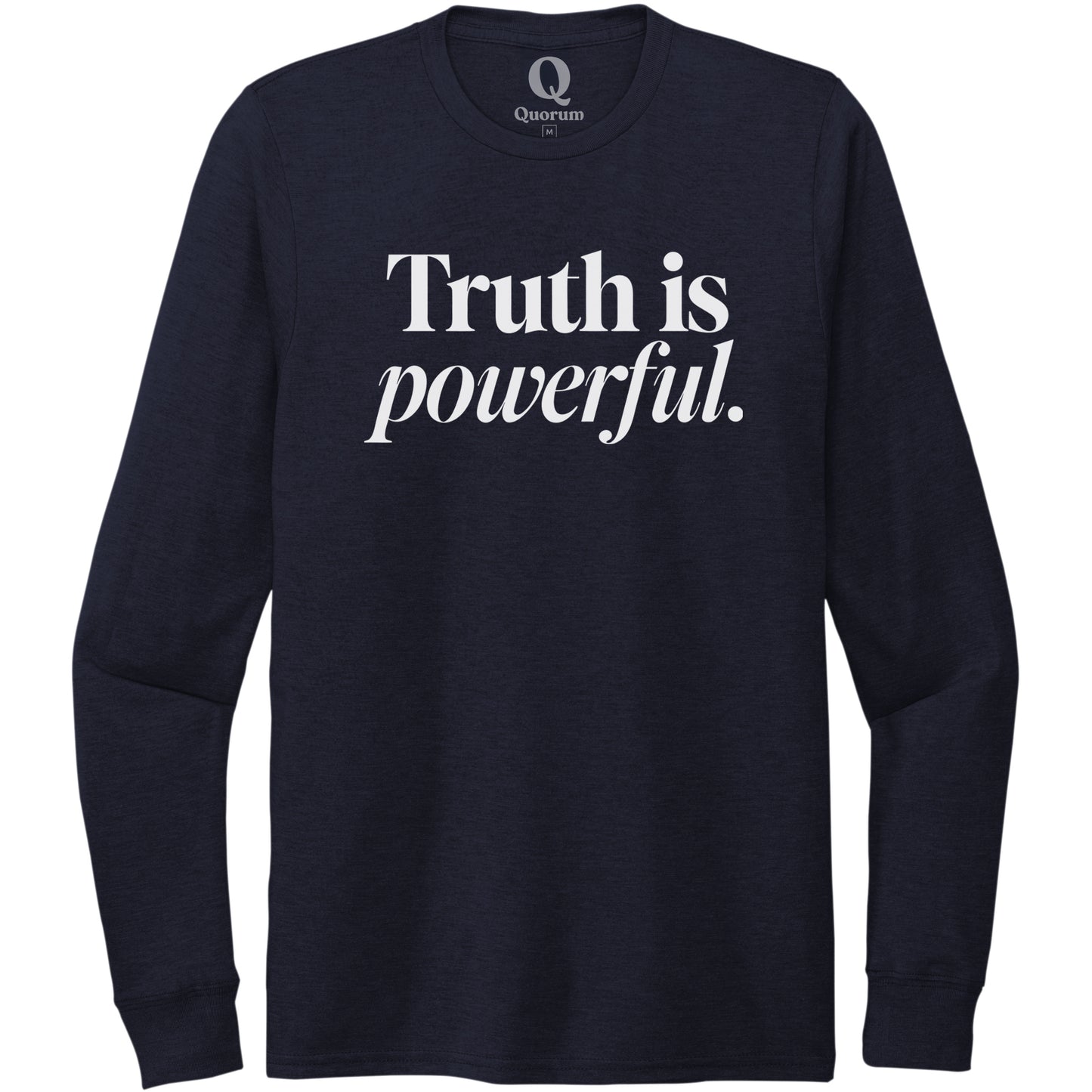 "Truth is powerful." Quorum Unisex Tri-Blend Long Sleeve editorial print in Night Sky Navy