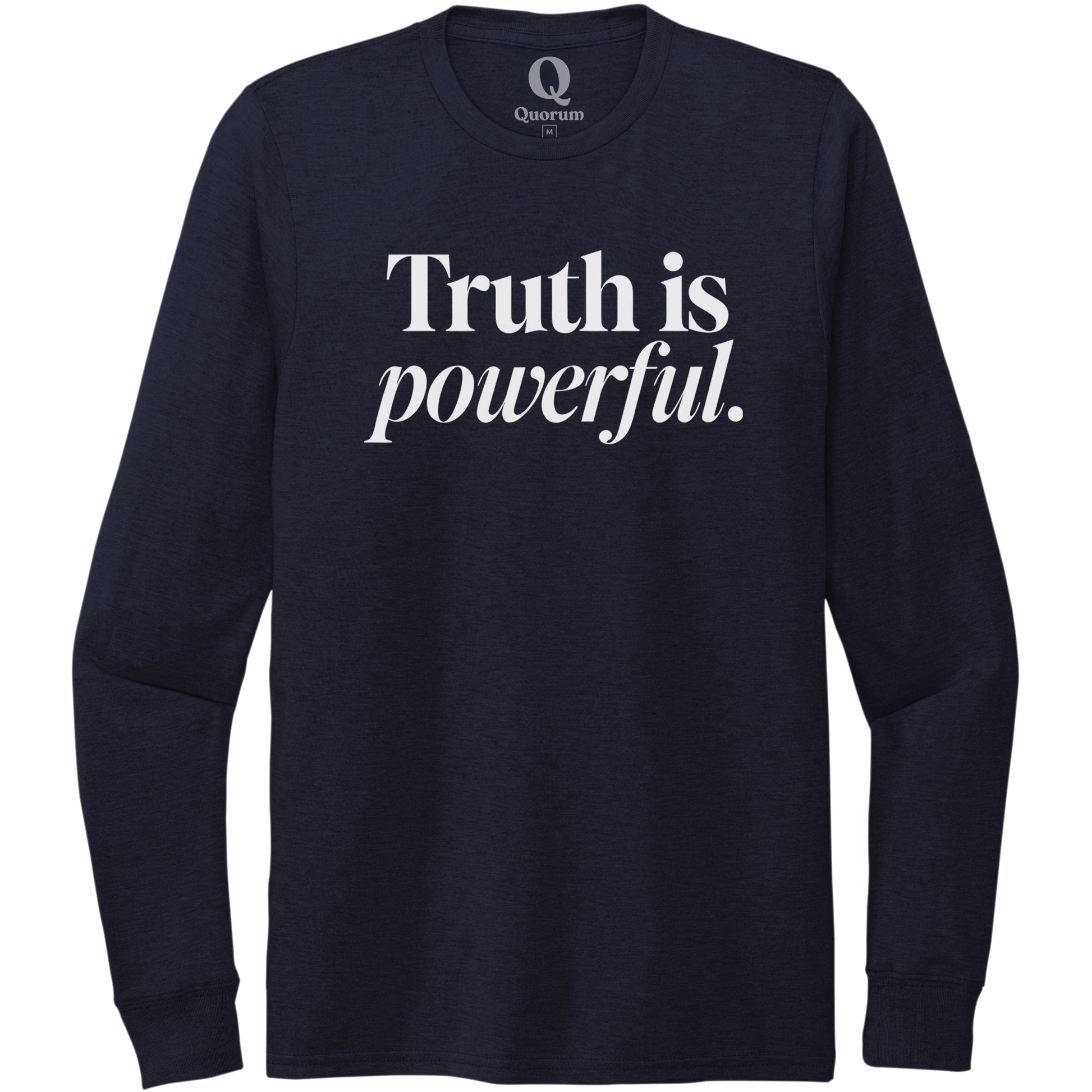 "Truth is powerful." Quorum Unisex Tri-Blend Long Sleeve editorial print in Night Sky Navy