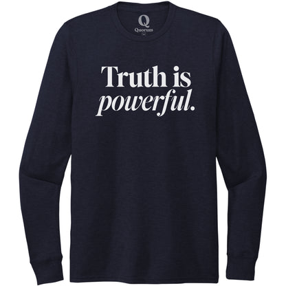 "Truth is powerful." Quorum Unisex Tri-Blend Long Sleeve editorial print in Night Sky Navy