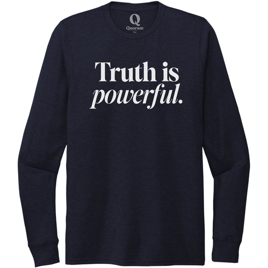 "Truth is powerful." Quorum Unisex Tri-Blend Long Sleeve editorial print in Night Sky Navy
