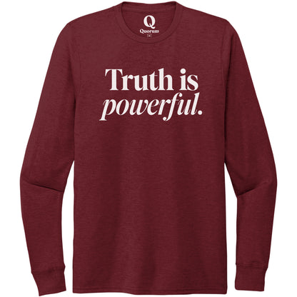 "Truth is powerful." Quorum Unisex Tri-Blend Long Sleeve editorial print in Vino Red
