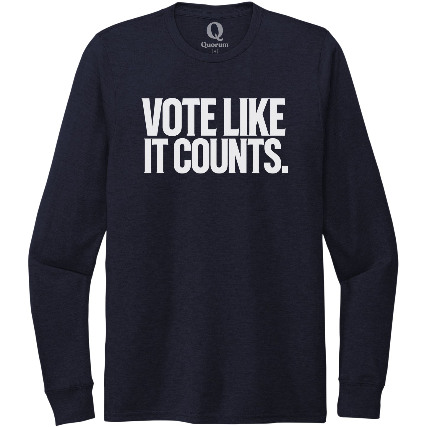 "Vote like it counts." Quorum Unisex Tri-Blend Long Sleeve editorial print in Night Sky Navy