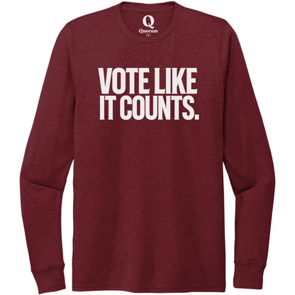 "Vote like it counts." Quorum Unisex Tri-Blend Long Sleeve editorial print in Vino Red