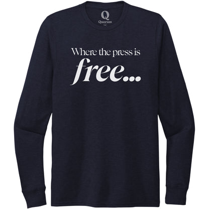 "Where the press is free." Quorum Unisex Tri-Blend Long Sleeve editorial print in Night Sky Navy