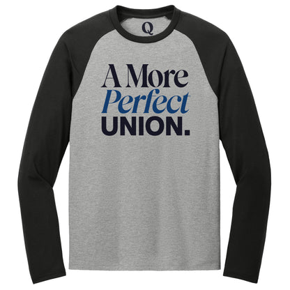 "A More Perfect Union." Quorum Tri-Blend Colorblock Raglan front print in Deep Black / Aluminum Grey