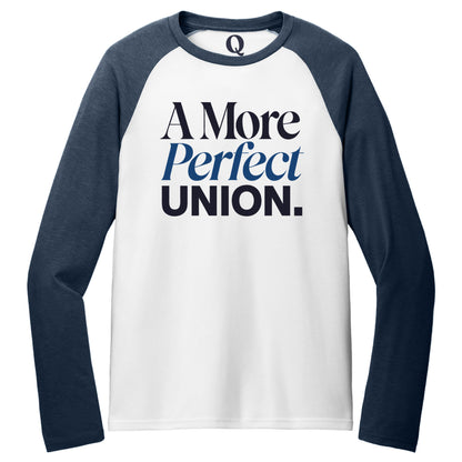 "A More Perfect Union." Quorum Tri-Blend Colorblock Raglan front print in Rebel Blue / Bright White