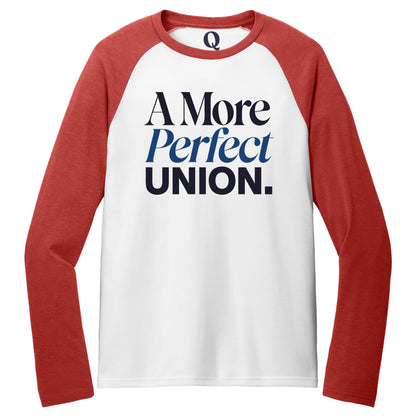 "A More Perfect Union." Quorum Tri-Blend Colorblock Raglan front print in Rise Up Red / Bright White