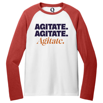 "Agitate. Agitate. Agitate." Quorum Tri-Blend Colorblock Raglan front print in Rise Up Red / Bright White