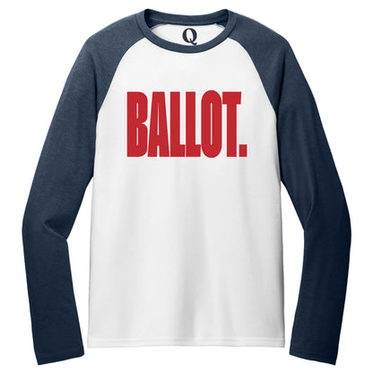 "Ballot." Quorum Tri-Blend Colorblock Raglan front print in Rebel Blue / Bright White