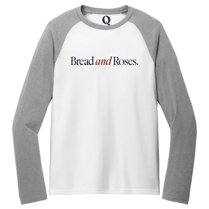 "Bread and Roses." Quorum Tri-Blend Colorblock Raglan front print in Aluminum Grey / Bright White
