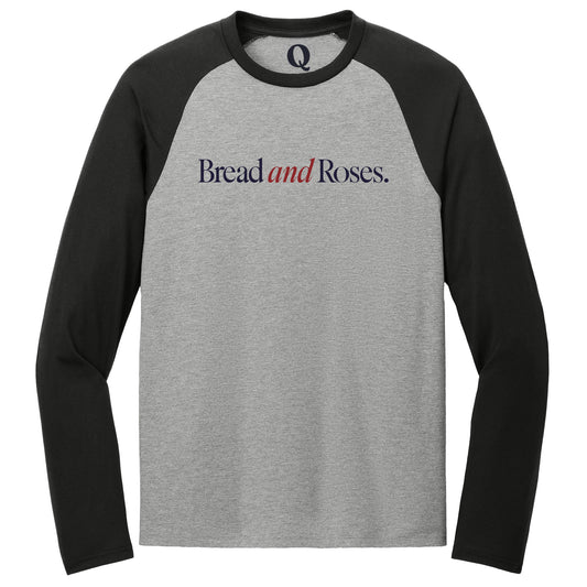 "Bread and Roses." Quorum Tri-Blend Colorblock Raglan front print in Deep Black / Aluminum Grey