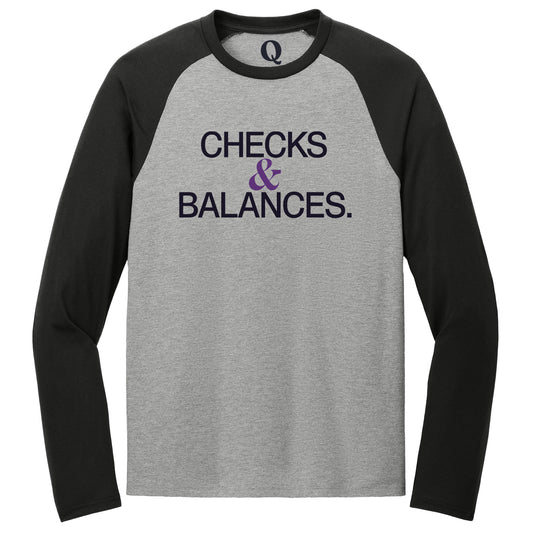 "Checks & Balances." Quorum Tri-Blend Colorblock Raglan front print in Deep Black / Aluminum Grey