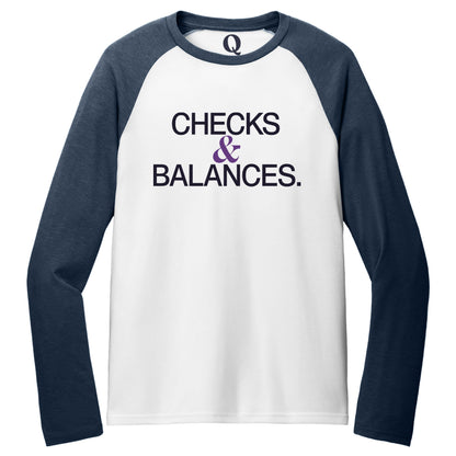 "Checks & Balances." Quorum Tri-Blend Colorblock Raglan front print in Rebel Blue / Bright White