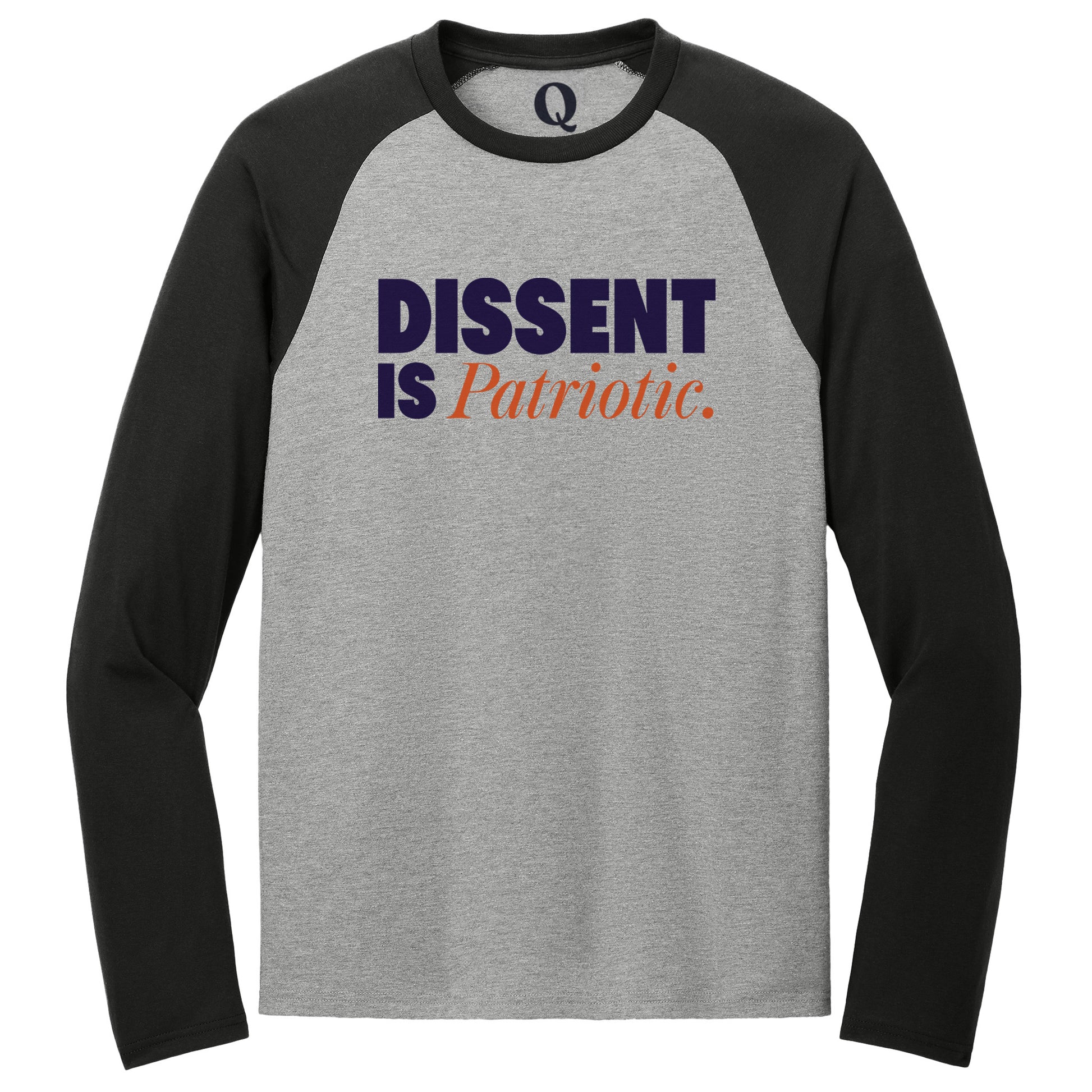 "Dissent is Patriotic." Quorum Tri-Blend Colorblock Raglan front print in Deep Black / Aluminum Grey