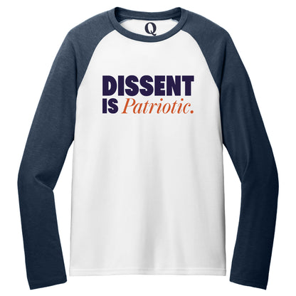 "Dissent is Patriotic." Quorum Tri-Blend Colorblock Raglan front print in Rebel Blue / Bright White