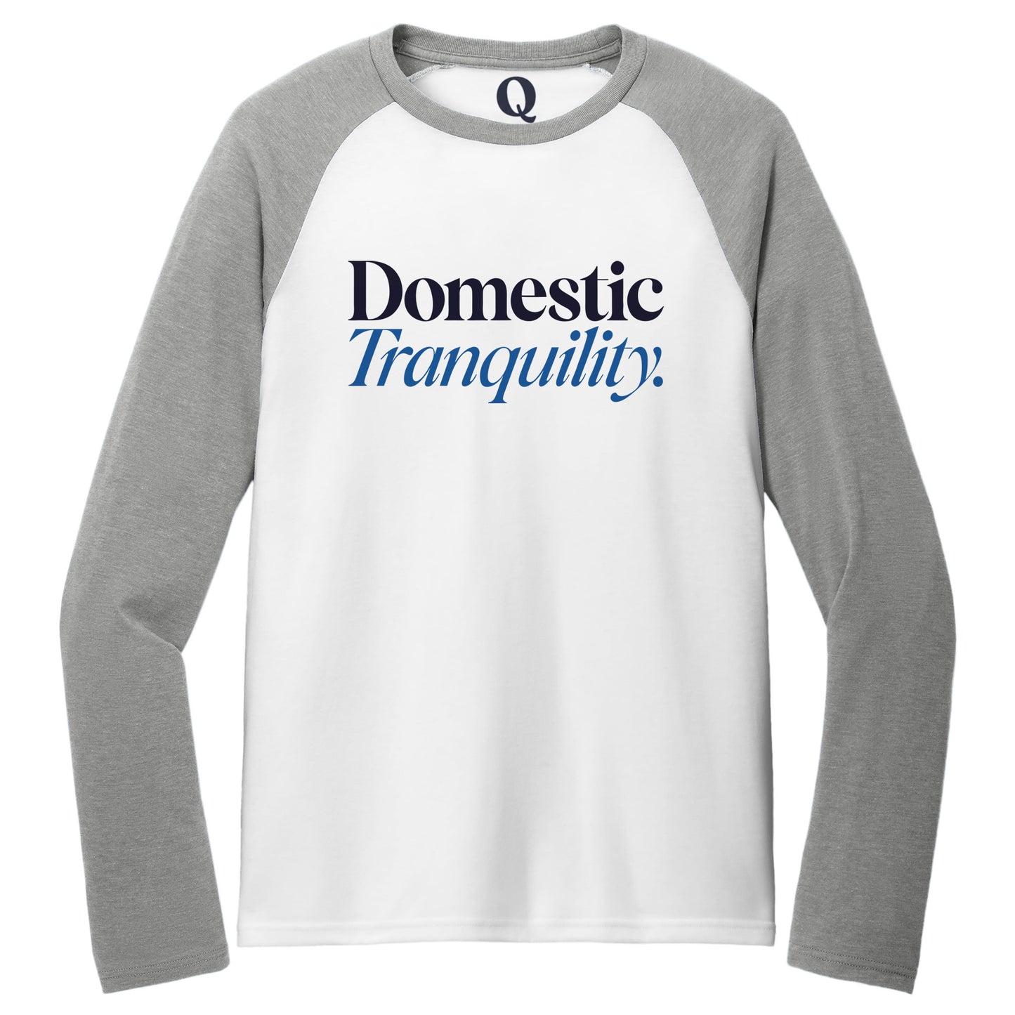 "Domestic Tranquility." Quorum Tri-Blend Colorblock Raglan front print in Aluminum Grey / Bright White