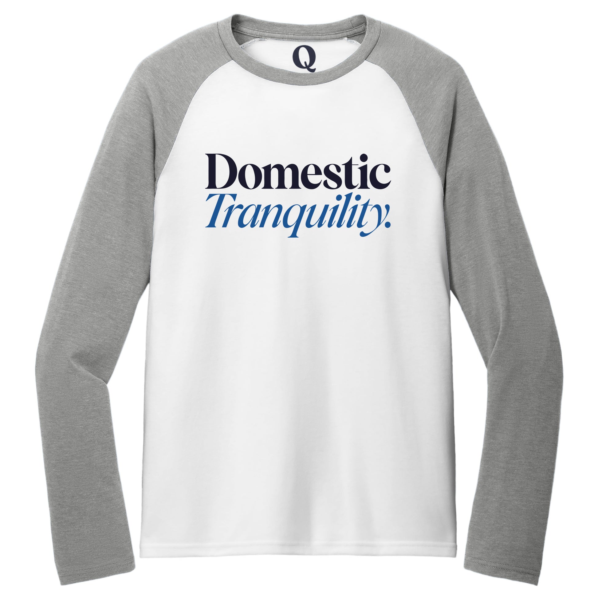 "Domestic Tranquility." Quorum Tri-Blend Colorblock Raglan front print in Aluminum Grey / Bright White