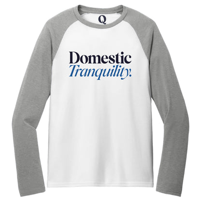 "Domestic Tranquility." Quorum Tri-Blend Colorblock Raglan front print in Aluminum Grey / Bright White