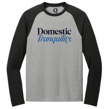 "Domestic Tranquility." Quorum Tri-Blend Colorblock Raglan front print in Deep Black / Aluminum Grey