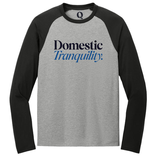 "Domestic Tranquility." Quorum Tri-Blend Colorblock Raglan front print in Deep Black / Aluminum Grey