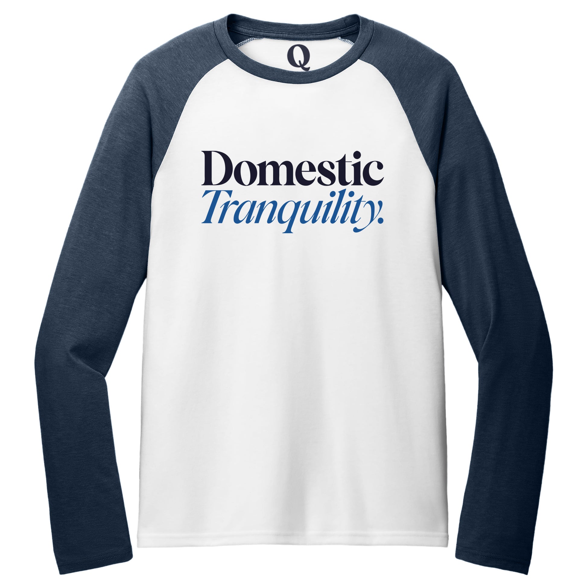 "Domestic Tranquility." Quorum Tri-Blend Colorblock Raglan front print in Rebel Blue / Bright White