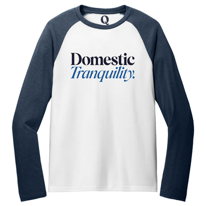 "Domestic Tranquility." Quorum Tri-Blend Colorblock Raglan front print in Rebel Blue / Bright White