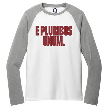 "E Pluribus Unum." Quorum Tri-Blend Colorblock Raglan front print in Aluminum Grey / Bright White