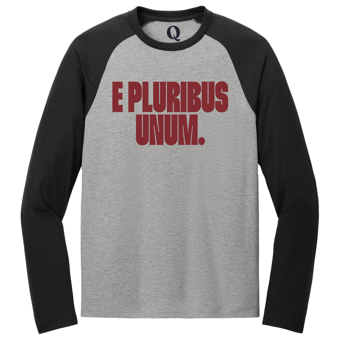 "E Pluribus Unum." Quorum Tri-Blend Colorblock Raglan front print in Deep Black / Aluminum Grey