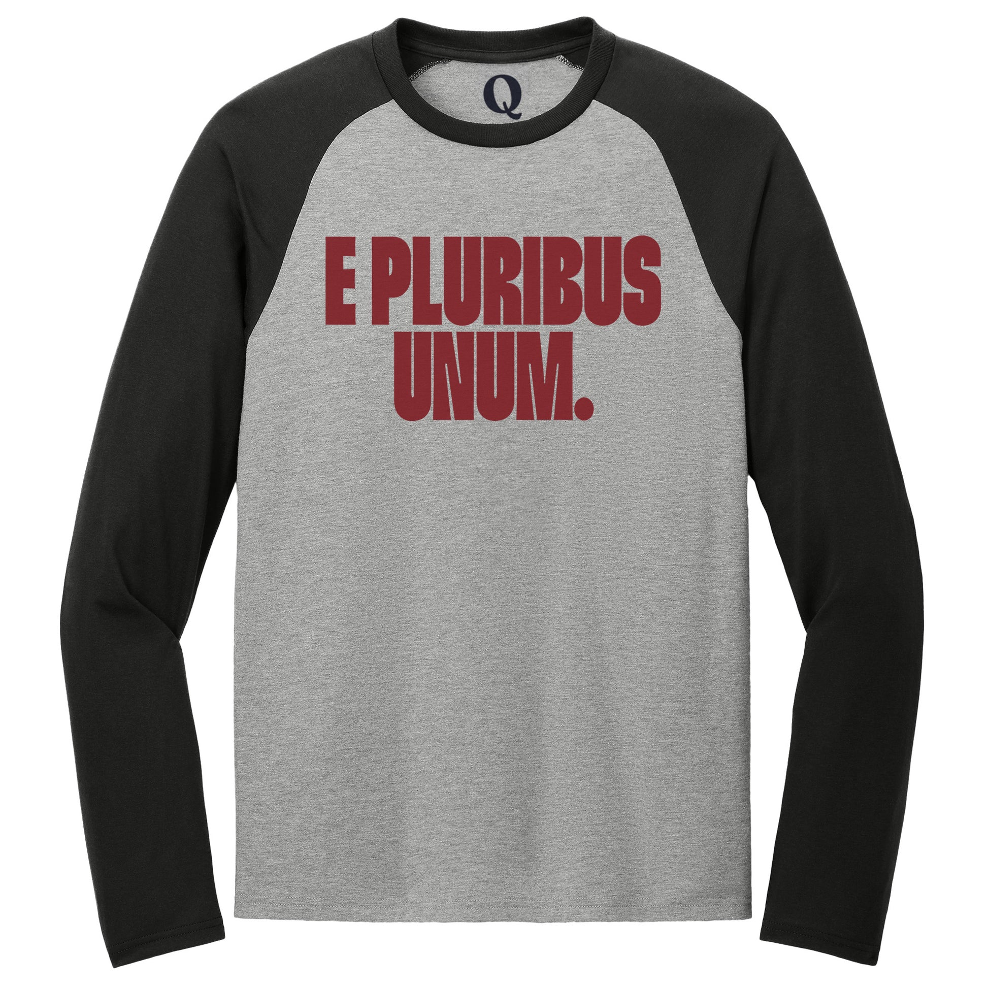 "E Pluribus Unum." Quorum Tri-Blend Colorblock Raglan front print in Deep Black / Aluminum Grey
