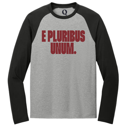 "E Pluribus Unum." Quorum Tri-Blend Colorblock Raglan front print in Deep Black / Aluminum Grey