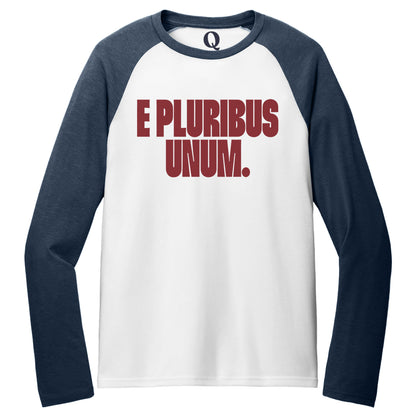 "E Pluribus Unum." Quorum Tri-Blend Colorblock Raglan front print in Rebel Blue / Bright White