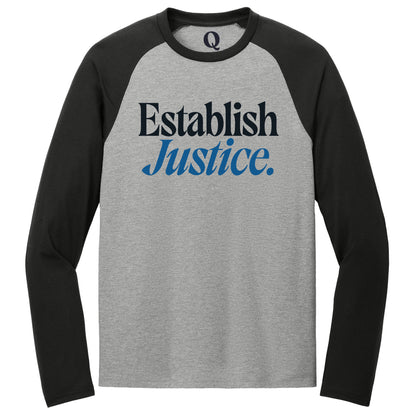 "Establish Justice." Quorum Tri-Blend Colorblock Raglan front print in Deep Black / Aluminum Grey
