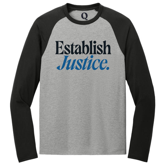 "Establish Justice." Quorum Tri-Blend Colorblock Raglan front print in Deep Black / Aluminum Grey