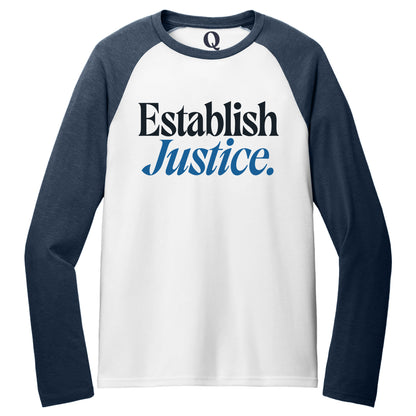 "Establish Justice." Quorum Tri-Blend Colorblock Raglan front print in Rebel Blue / Bright White