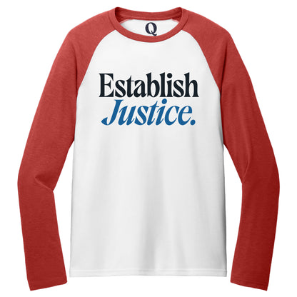 "Establish Justice." Quorum Tri-Blend Colorblock Raglan front print in Rise Up Red / Bright White