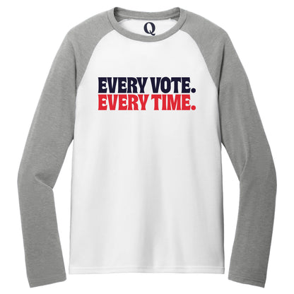 "Every Vote. Every Time." Quorum Tri-Blend Colorblock Raglan front print in Aluminum Grey / Bright White