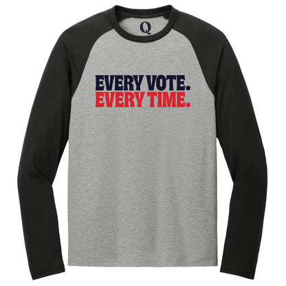 "Every Vote. Every Time." Quorum Tri-Blend Colorblock Raglan front print in Deep Black / Aluminum Grey