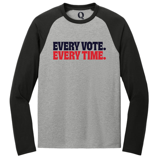 "Every Vote. Every Time." Quorum Tri-Blend Colorblock Raglan front print in Deep Black / Aluminum Grey