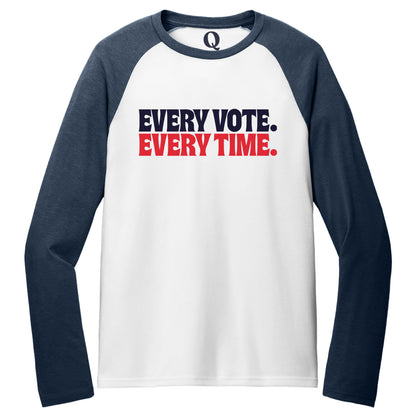 "Every Vote. Every Time." Quorum Tri-Blend Colorblock Raglan front print in Rebel Blue / Bright White