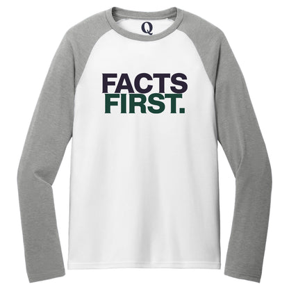 "Facts First." Quorum Tri-Blend Colorblock Raglan front print in Aluminum Grey / Bright White