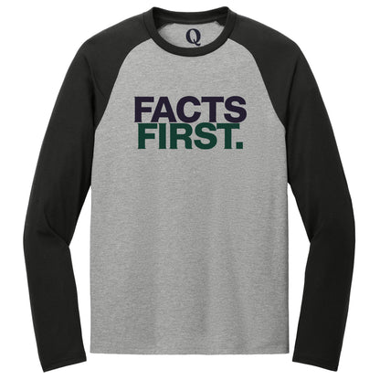 "Facts First." Quorum Tri-Blend Colorblock Raglan front print in Deep Black / Aluminum Grey