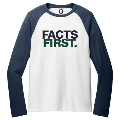 "Facts First." Quorum Tri-Blend Colorblock Raglan front print in Rebel Blue / Bright White