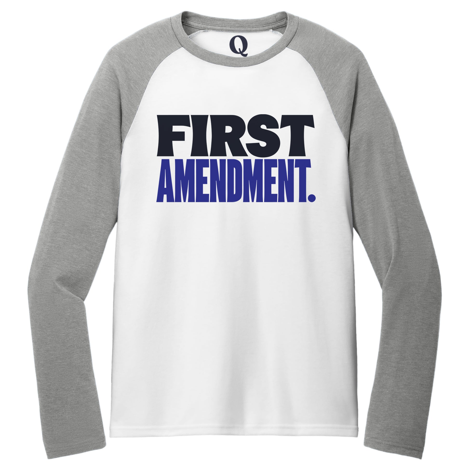"First Amendment." Quorum Tri-Blend Colorblock Raglan front print in Aluminum Grey / Bright White