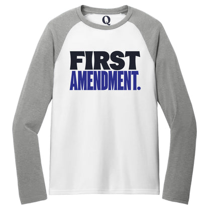 "First Amendment." Quorum Tri-Blend Colorblock Raglan front print in Aluminum Grey / Bright White