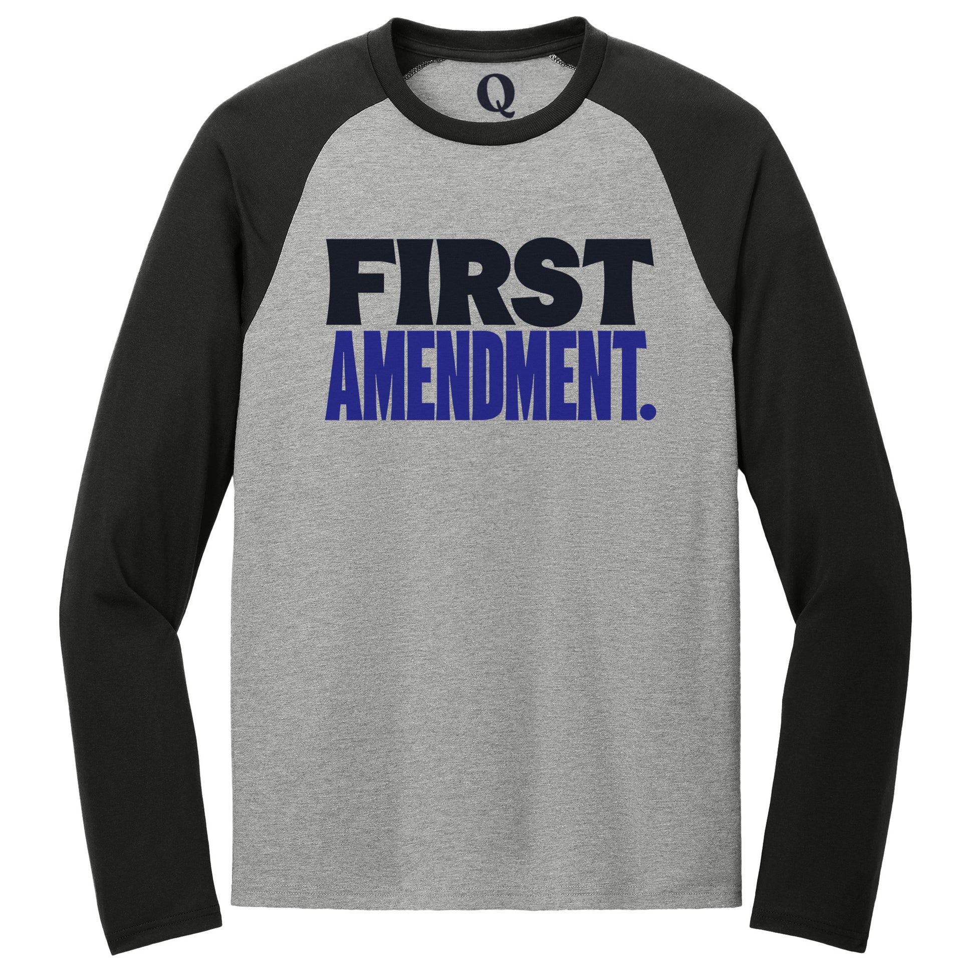 "First Amendment." Quorum Tri-Blend Colorblock Raglan front print in Deep Black / Aluminum Grey